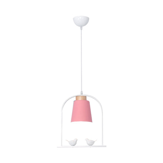 Metal Down Lighting Macaron Pendant Lamp With Bird Cage Shape And Barrel Shade - White/Black/Grey