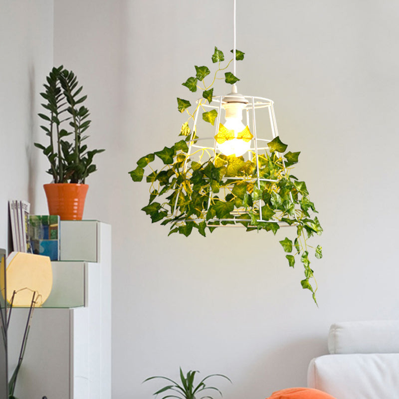 Metal White Pendant Light - Lodge Style Hanging Ceiling Lamp With Cone Shade Wire Frame And Leaf