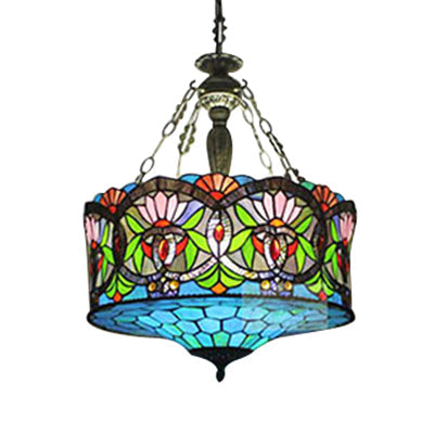 Lustre à tambour de style victorien avec panneaux en verre teinté - Suspension à 5 lumières pour le salon