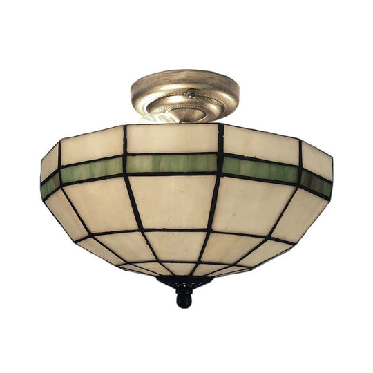 Beige Glass Bowl Semi Flushmount Indoor Light For Living Room - Traditional Style