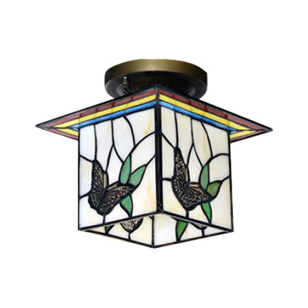 Mission Lodge Stained Glass Butterfly Flush Mount Light For Corridor