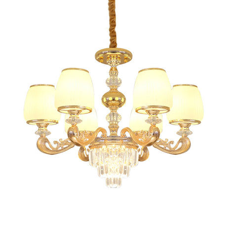 Modern Milk Glass Arm Chandelier With 6 Gold Crystal Bulbs - Elegant Bedroom Hanging Light