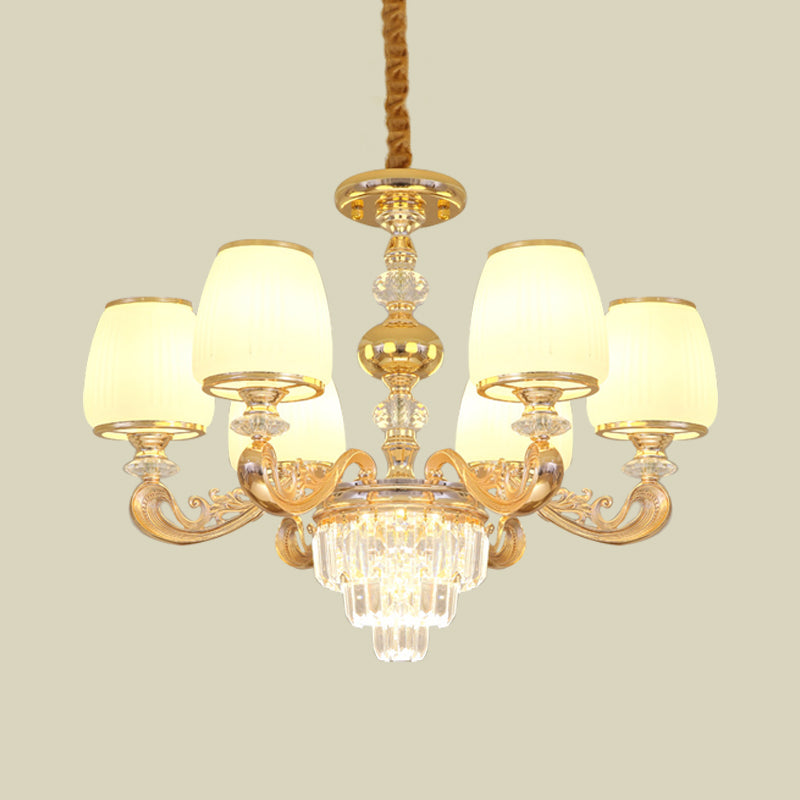Modern Carved Arm Bedroom Chandelier: Milk Glass 6 Bulbs Gold Crystal Hanging Light