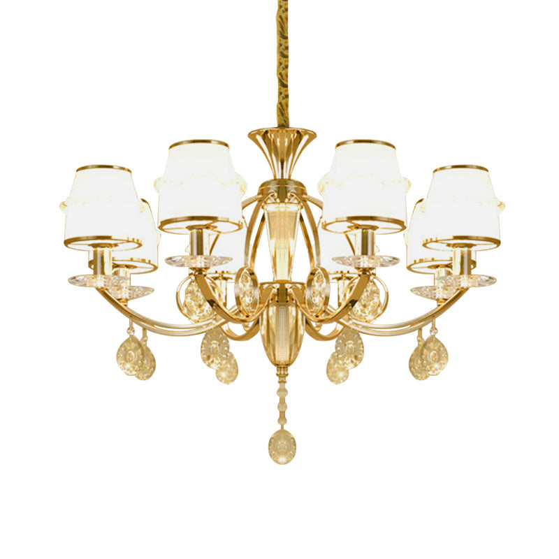 Modern 8-Light Gold Chandelier With White Glass Shade - Cut Crystal Hanging Lamp