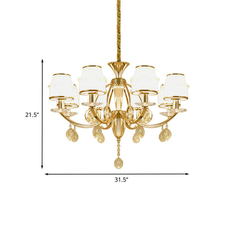 Modern Gold Cut Crystal 8-Light Conical Chandelier With White Glass Shade - Perfect For Living Rooms