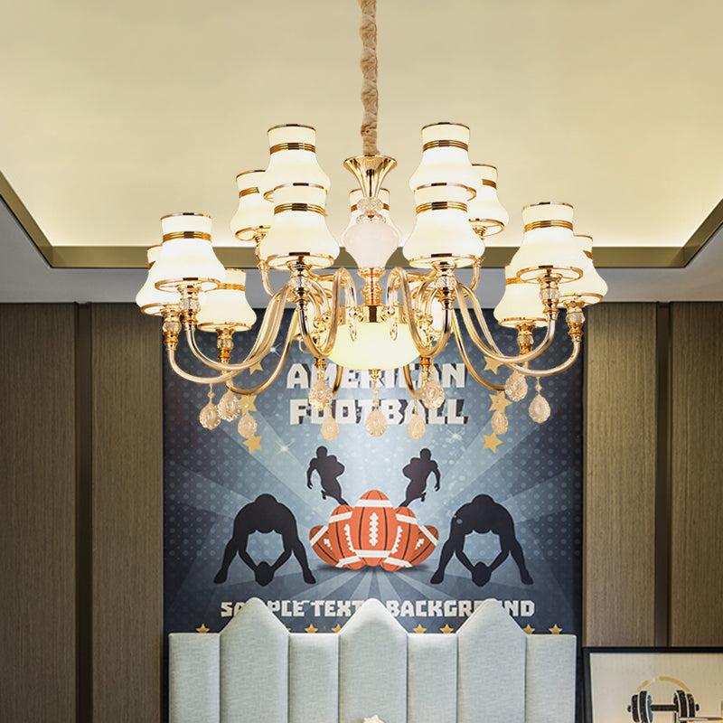 Curvy Arm Suspension Chandelier With 15 Opal Glass Bulbs - Gold Finish