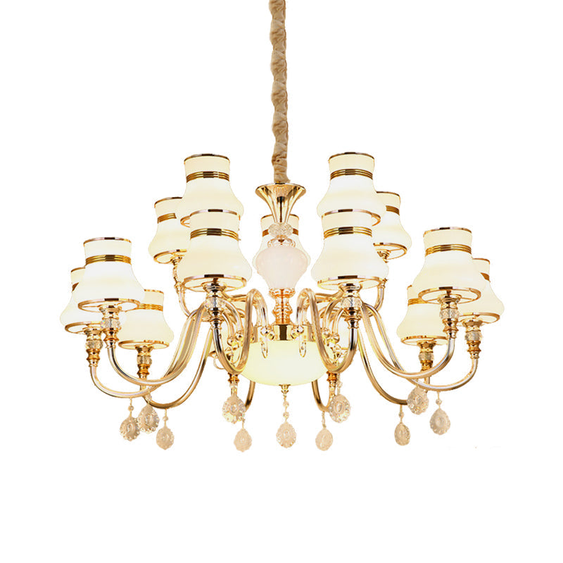 Curvy Arm Suspension Chandelier With 15 Opal Glass Bulbs - Gold Finish