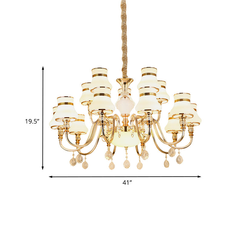 Sleek Curvy Arm Suspension Lamp With 15 Opal Glass Bulbs - Gold Finish