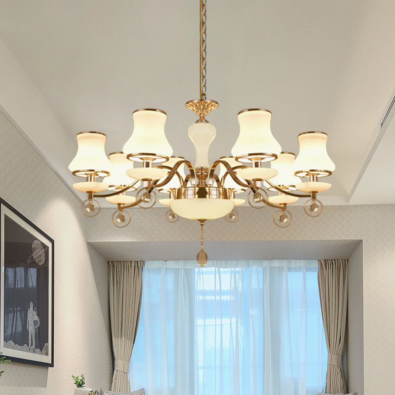 Modernist Flared Crystal Chandelier With White Glass 8 Heads - Champagne Ceiling Suspension Lamp