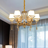 Contemporary 6-Head White Glass Chandelier - Pyramid Bedroom Pendant With Crystal Accents Champagne