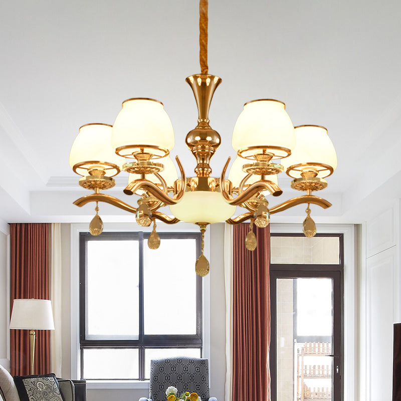 Minimalist 6-Head Gold Cone Ceiling Chandelier – Bedroom Crystal Hanging Lamp