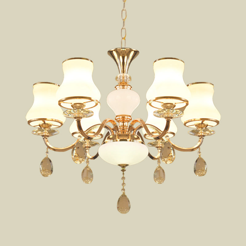 Sleek Opal Glass 6-Light Crystal Ceiling Light - Champagne Bell Hanging Chandelier For Bedrooms
