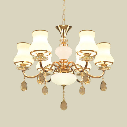 Sleek Opal Glass 6-Light Crystal Ceiling Light - Champagne Bell Hanging Chandelier For Bedrooms