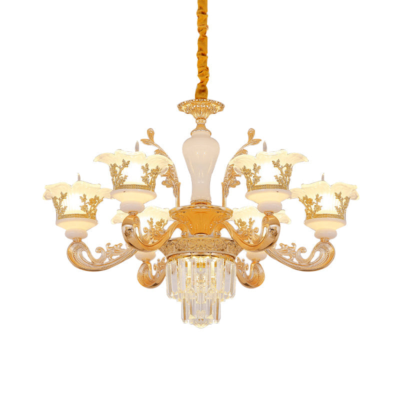 Modern Crystal Chandelier With Carved Frosted Glass Shade - 6 Bulbs Pendant In Gold For Bedroom