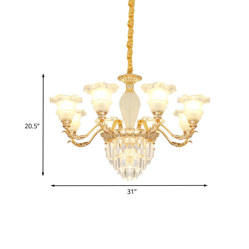 Modern Gold Crystal Chandelier With Frosted Glass - Blossom Pendant Lamp (8 Bulbs)