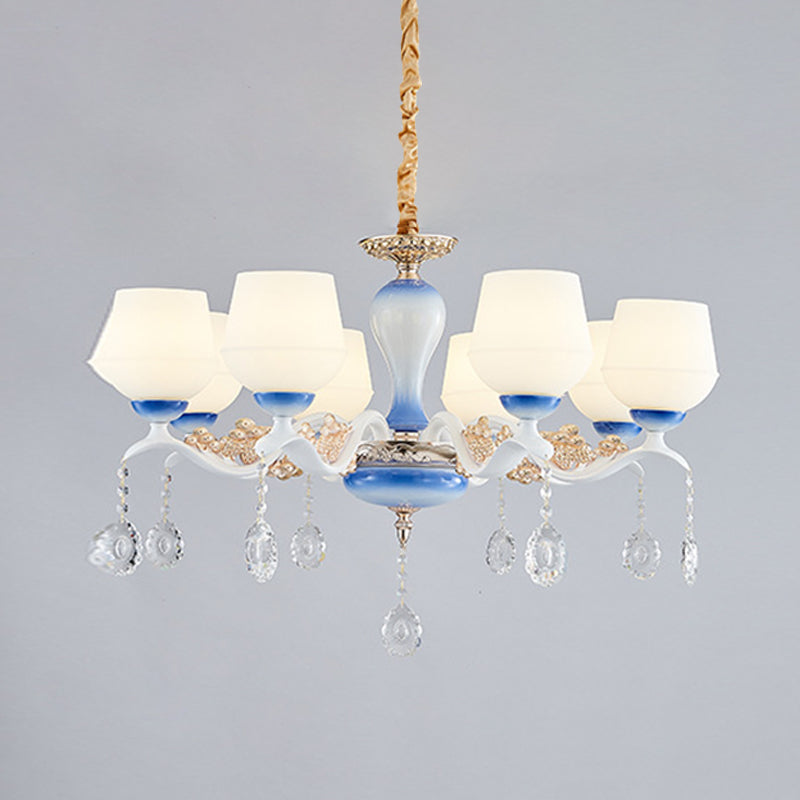 Modern Tapered Pendant Chandelier - 8 Bulbs Ivory Glass Crystal Suspension Light (Blue/White)