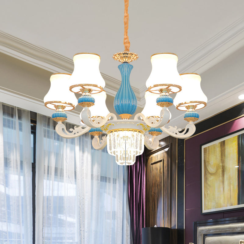 Contemporary 6-Head Blue And White Chandelier With Opal Glass Crystal Pendant Blue-White