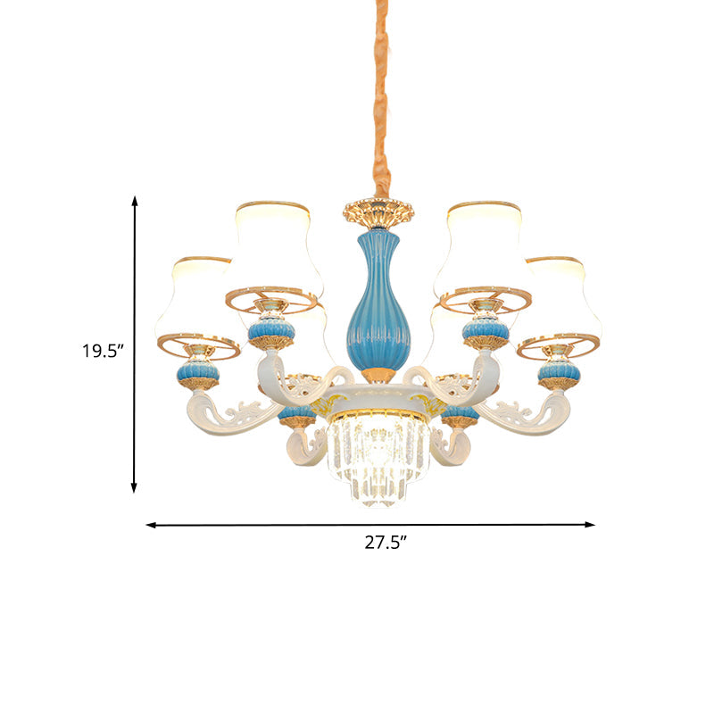 Contemporary 6-Head Blue And White Chandelier With Opal Glass Crystal Pendant