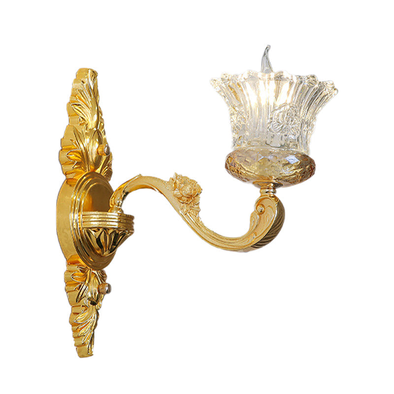 Crystal Glass Sconce: Single Bulb Gold Flower Wall Light With Swooping Arm