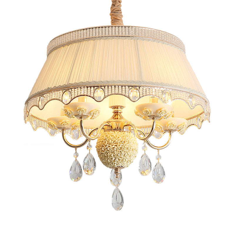 Pastoral Style Ceramic Chandelier With Hanging Light And Pleated Lamp Shade - Set Of 5 Candlestick