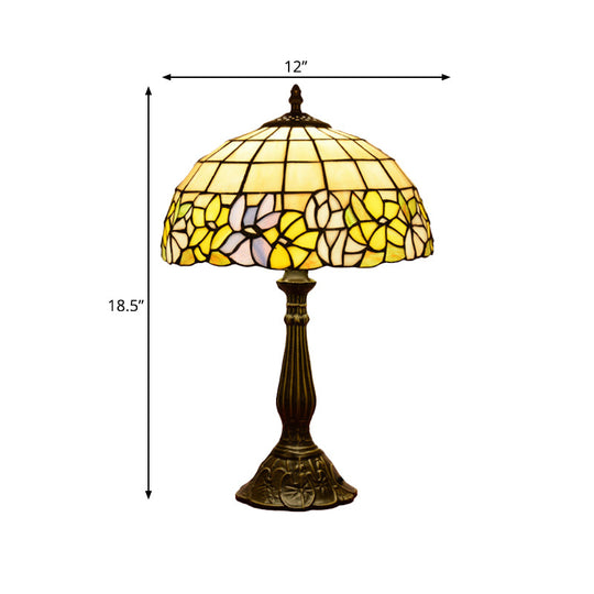 Tiffany Cut Glass Night Lamp With Gridded Bronze Shade - Flower-Border Design