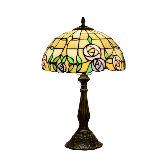 Ludovica - Lampe de table Tiffany en bronze avec abat-jour en verre teinté à motif de roses