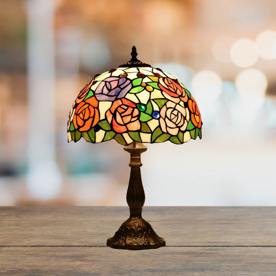 Stefania - Lampe de table Tiffany Bronze 1 ampoule Lampe de chevet en verre taillé Tiffany Rose Blossom avec cabochons et pierres précieuses