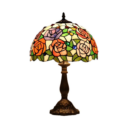 Stefania - Lampe de table Tiffany Bronze 1 ampoule Lampe de chevet en verre taillé Tiffany Rose Blossom avec cabochons et pierres précieuses