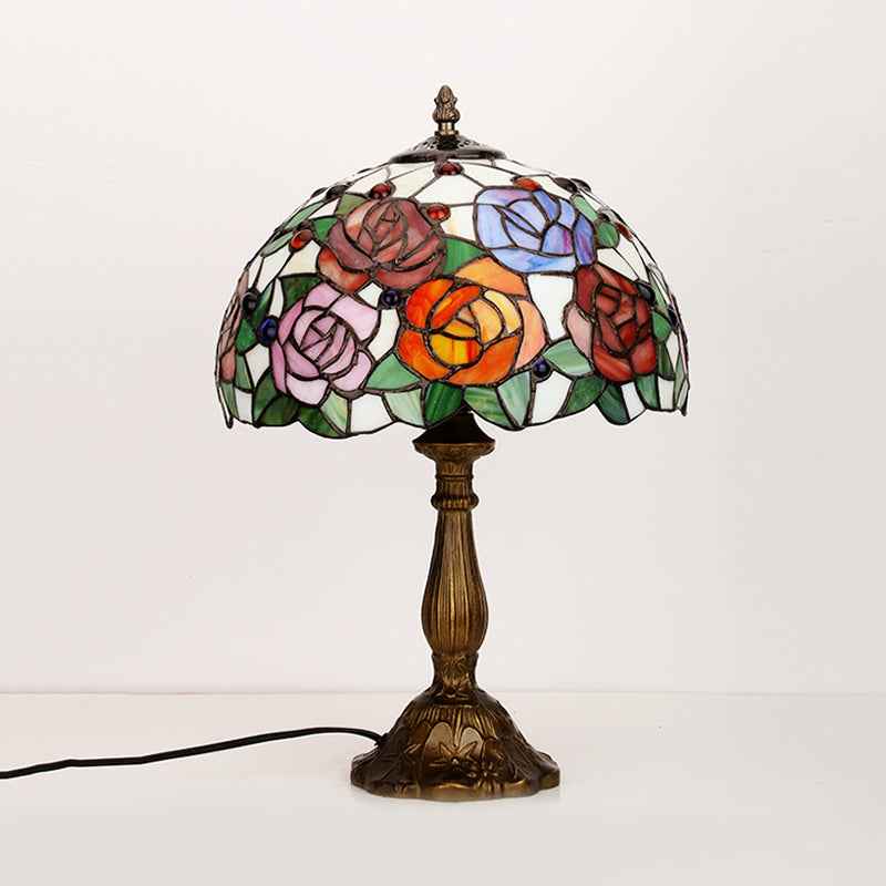 Stefania - Lampe de table Tiffany Bronze 1 ampoule Lampe de chevet en verre taillé Tiffany Rose Blossom avec cabochons et pierres précieuses