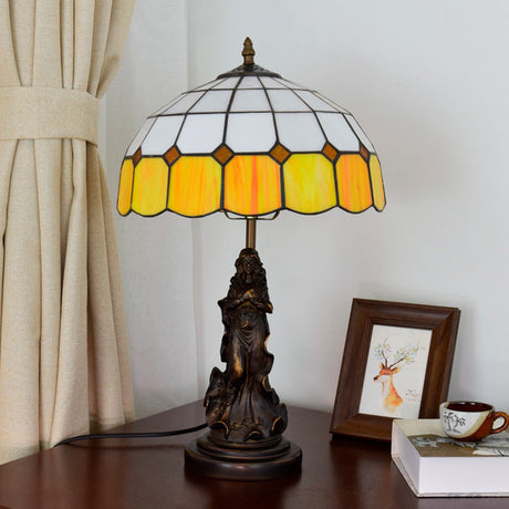 Vintage Resin Bronze Angel Girl Table Lamp With Orange And White Grid Glass Shade - Night Stand