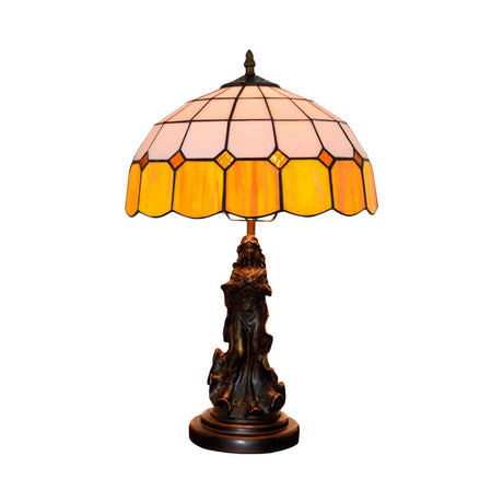 Vintage Resin Bronze Angel Girl Table Lamp With Orange And White Grid Glass Shade - Night Stand