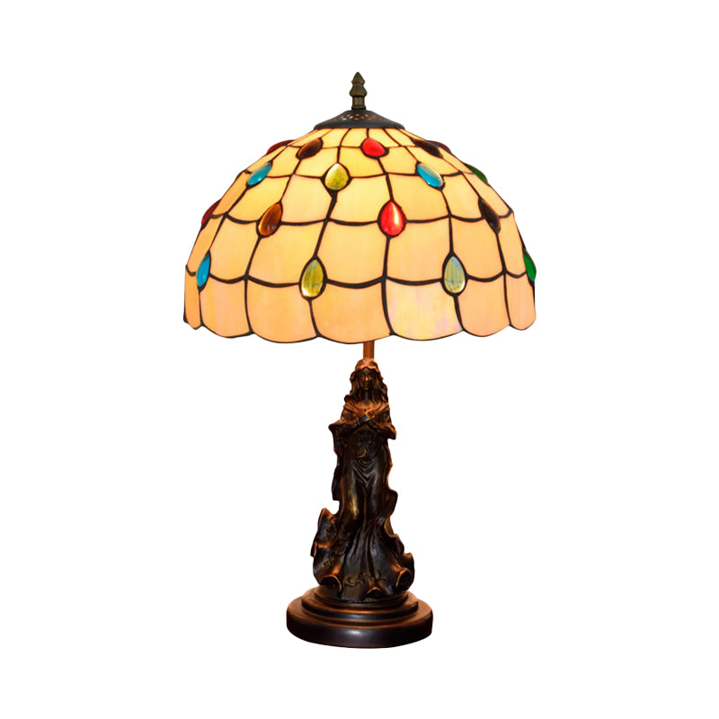 Asellus Secundus - Cabochons Grid Night Light 1-Light Tiffany Table Lamp With Angel Decor
