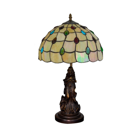 Grid Night Light 1-Light Tiffany Table Lamp With Angel Decor - Cabochon-Embellished White/Beige