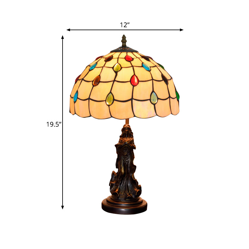 Asellus Secundus - Cabochons Grid Night Light 1-Light Tiffany Table Lamp With Angel Decor