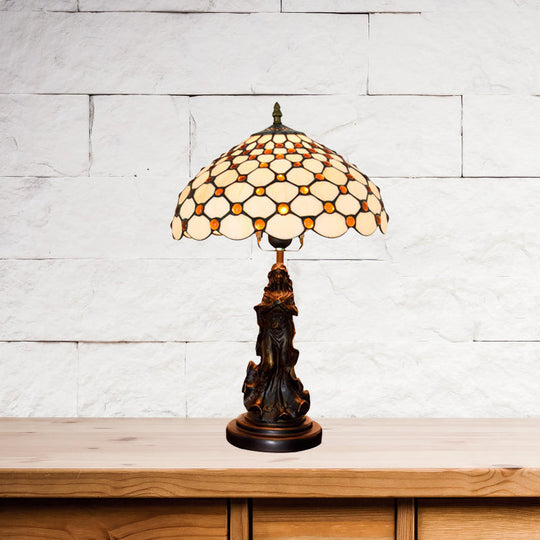 Asellus Secundus - Cabochons Grid Night Light 1-Light Tiffany Table Lamp With Angel Decor