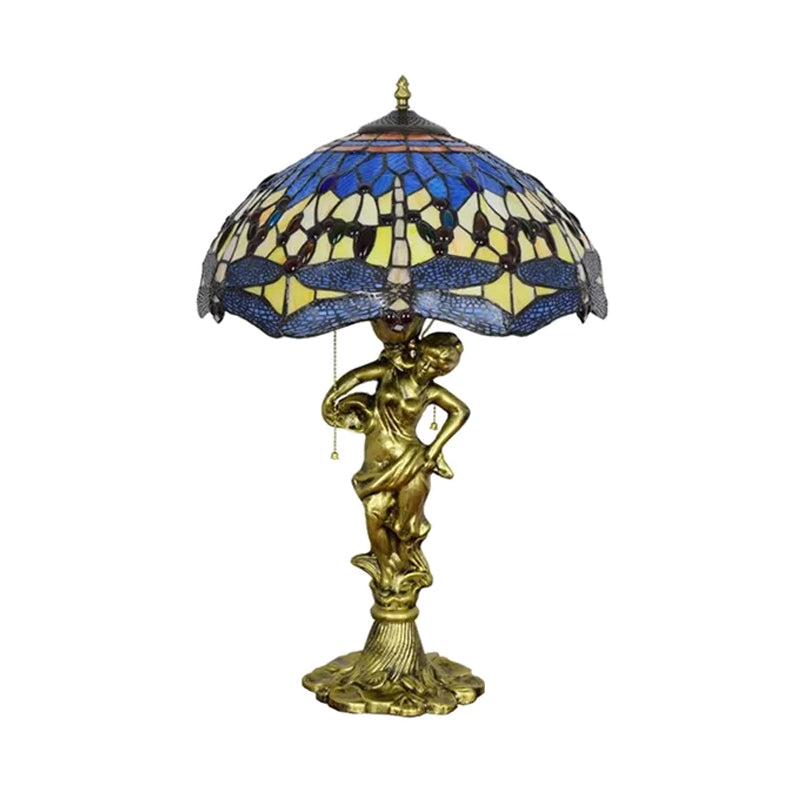 Dragonfly Tiffany Nightstand Lamp - 3-Light Glass Table Light In Yellow/Orange/Blue With Pull Chain