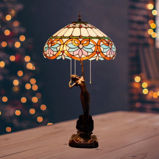 3-Head Mediterranean Spikelet & Blue/White Glass Nightstand Lamp With Pull Chain Blue-Brown