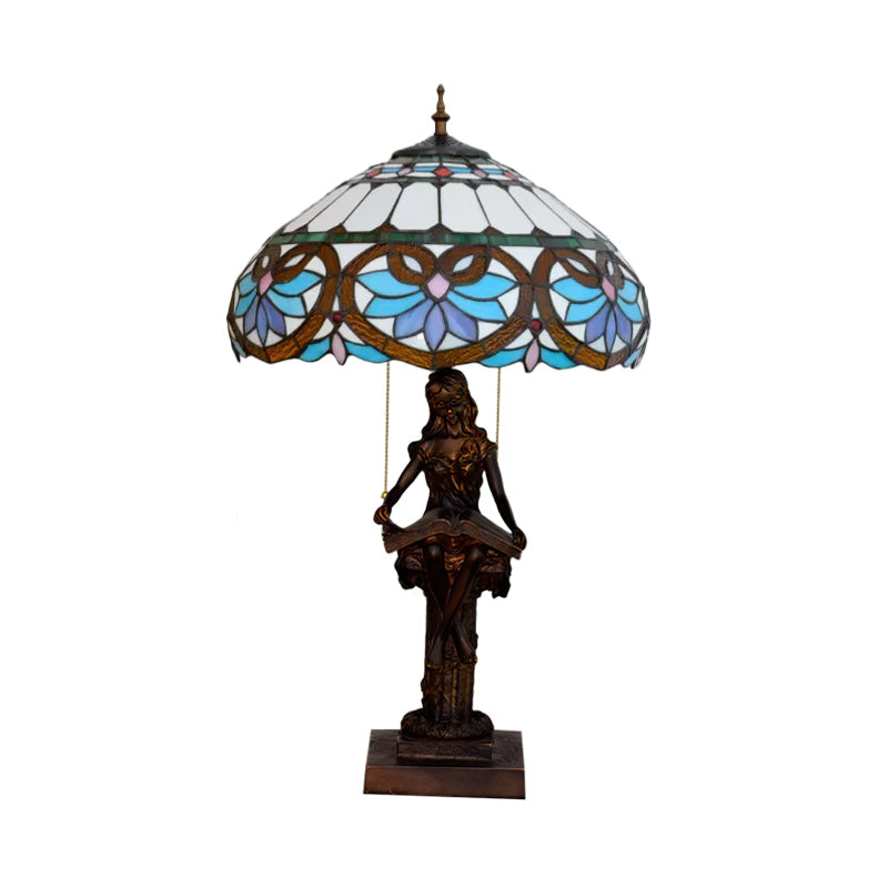 Isla - Girl Studying Tiffany-Style Table Light: 2-Bulb Resin Night Lamp With