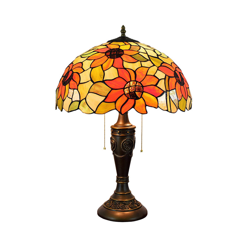 Annabelle - Red/Orange Glass Tiffany Night Lamp With Carved Base