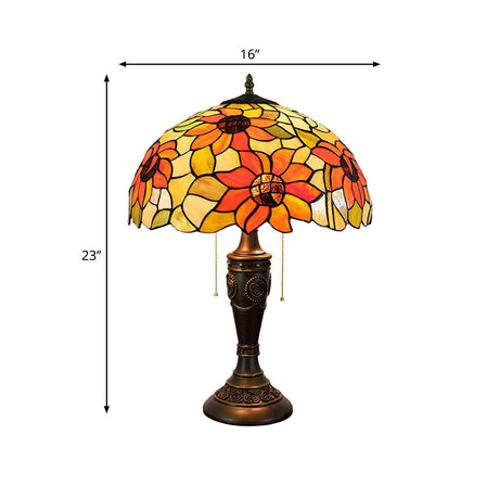 Red/Orange Glass Tiffany Night Lamp - 2 Lights Bronze Pull Chain Carved Base