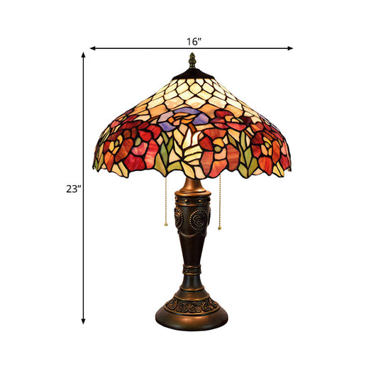 Grazia - Victorian Barn Shade Pull-Chain Night Light Stained Floral Glass 2-Bulb Bronze Table Lamp