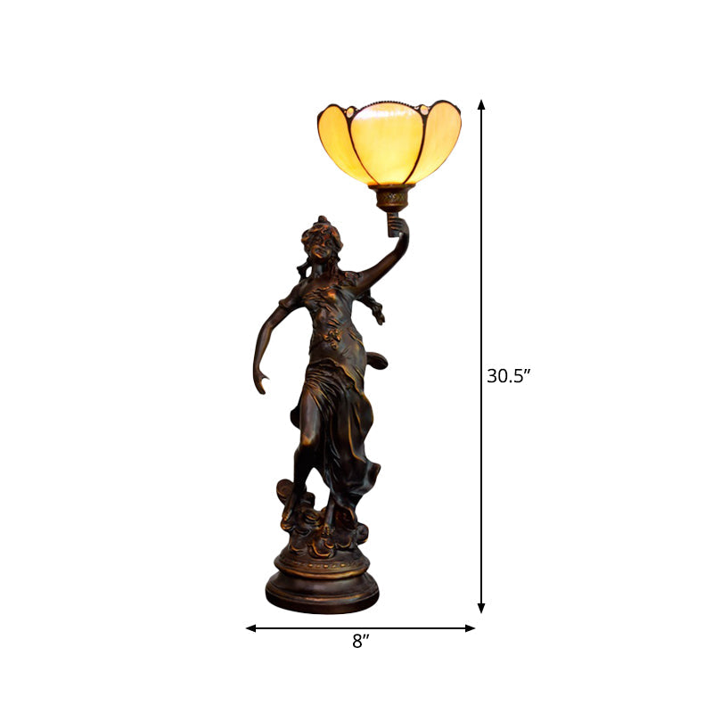 Emily - Tiffany Yellow/White-Brown Glass Table Lamp With Greek Woman Statue
