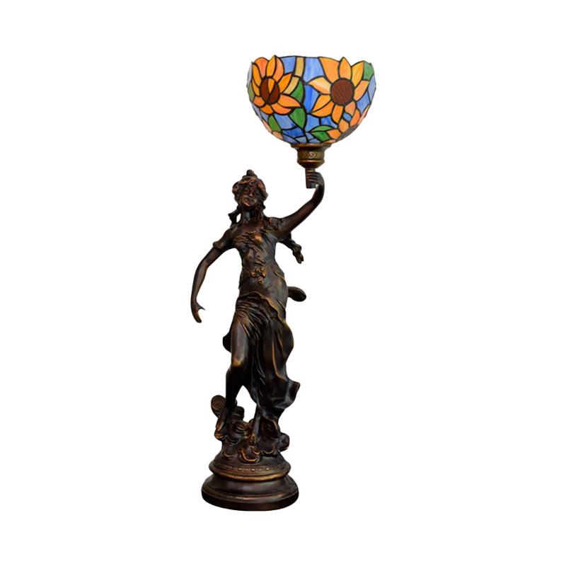 Suhail - Sunflower Inverted Bell Table Lighting 1-Light Orange/Yellow-Blue Glass Tiffany Night Lamp