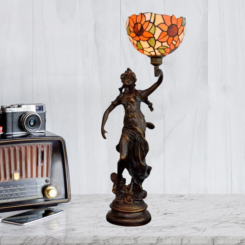 Suhail - Sunflower Inverted Bell Table Lighting 1-Light Orange/Yellow-Blue Glass Tiffany Night Lamp