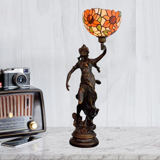 Suhail - Sunflower Inverted Bell Table Lighting 1-Light Orange/Yellow-Blue Glass Tiffany Night Lamp