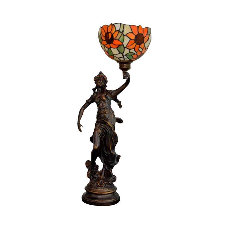 Suhail - Sunflower Inverted Bell Table Lighting 1-Light Orange/Yellow-Blue Glass Tiffany Night Lamp