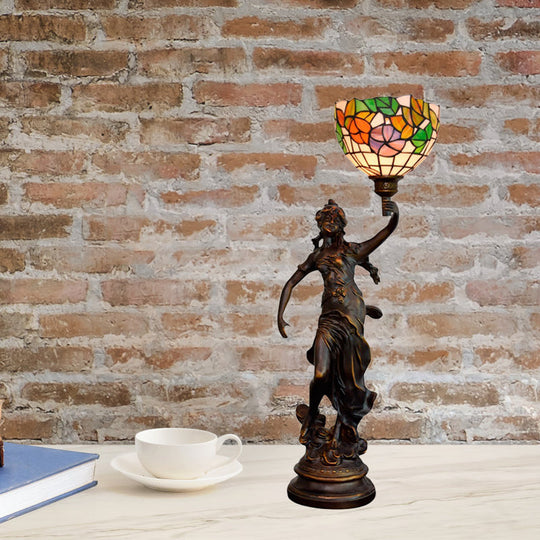 Raelynn - Resin Torchiere Table Light Tiffany 1 Bulb Bronze Nightstand Lamp With