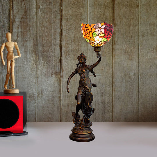 Clara - Lampe de table Tiffany en bronze avec lampe de chevet en forme de statue d'ange -