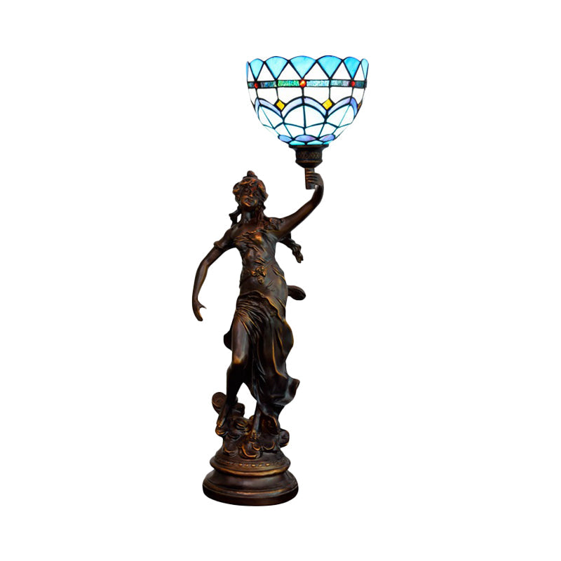 Ryleigh - Tiffany-Style Angel Girl Table Lamp: Single-Bulb Blue And White/Beige