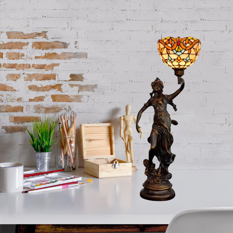 Ryleigh - Tiffany-Style Angel Girl Table Lamp: Single-Bulb Blue And White/Beige